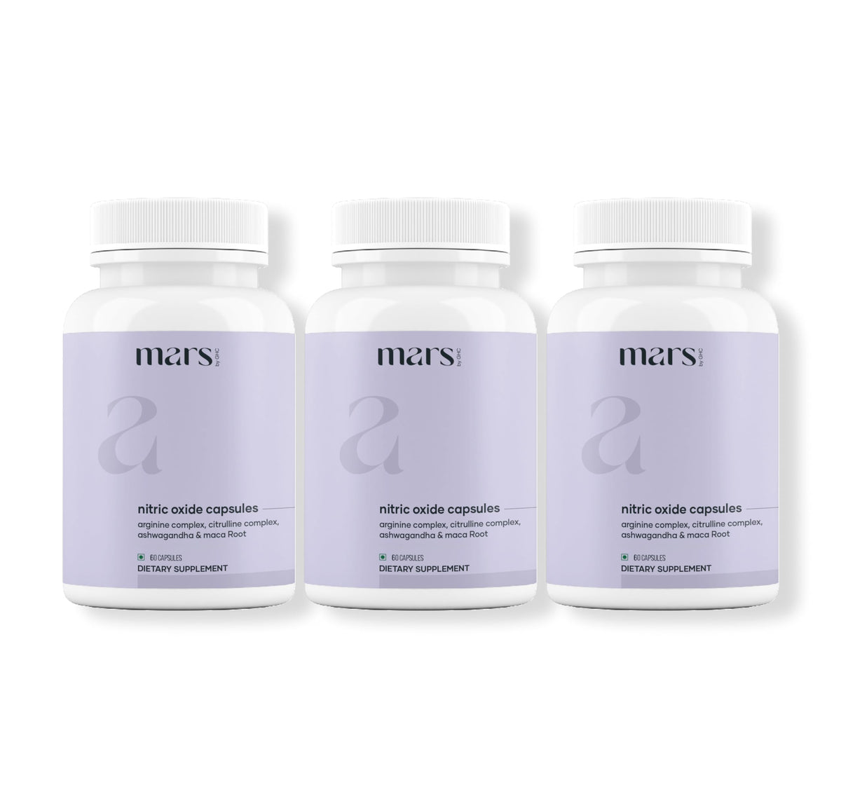 Mars by GHC nitric oxide capsules pack — convenient three-pack for daily energy and circulation support.