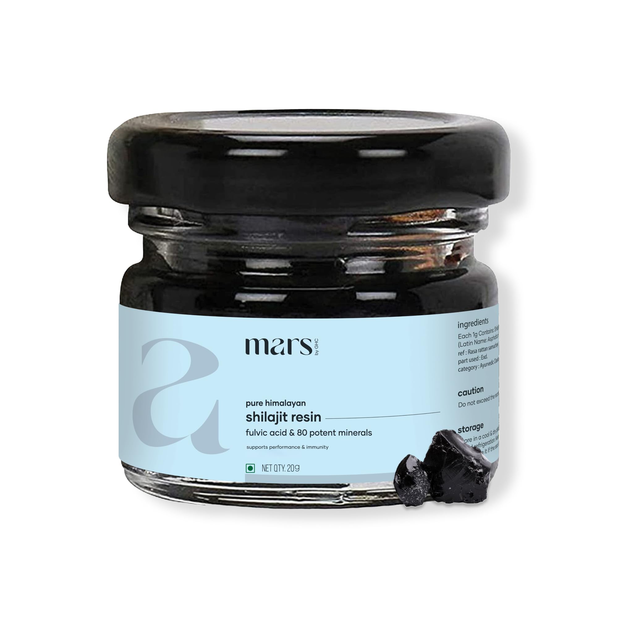 Premium glass jar packaging of Mars by GHC Shilajit Resin