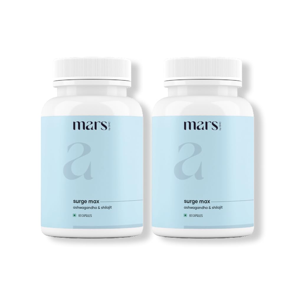 Mars by GHC Surgemax capsules bottle showing shilajit and safed musli for natural energy support.