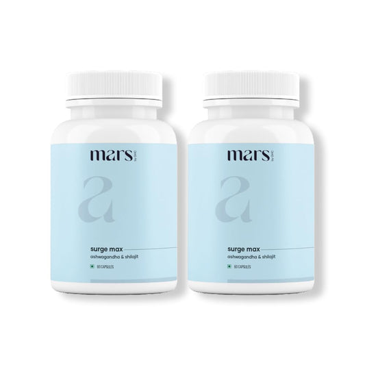 Mars by GHC Surgemax capsules bottle showing shilajit and safed musli for natural energy support.