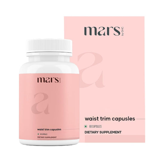 Mars by GHC Waist Trim bottle close-up highlighting metabolism support.