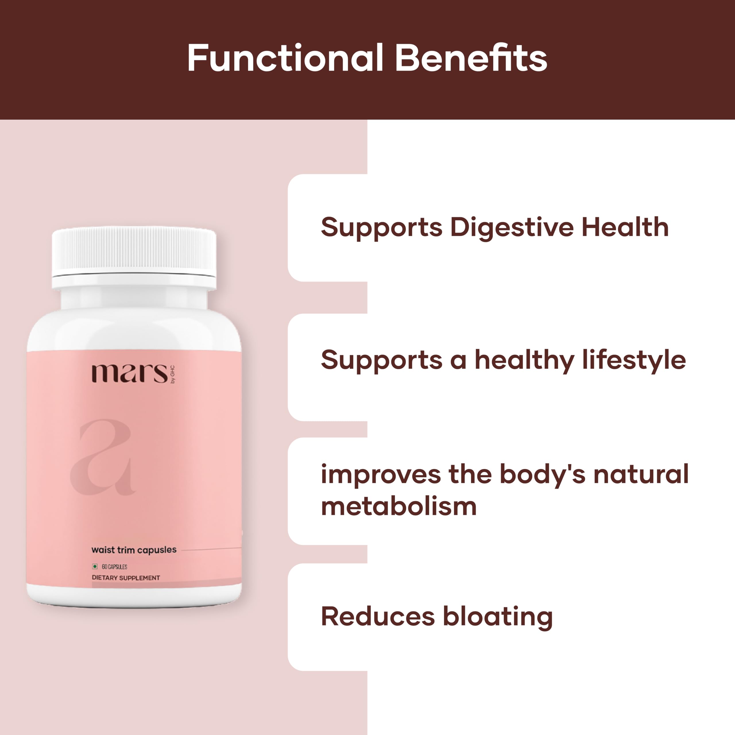 Mars by GHC Waist Trim capsules blister pack emphasizes digestion and gut health.