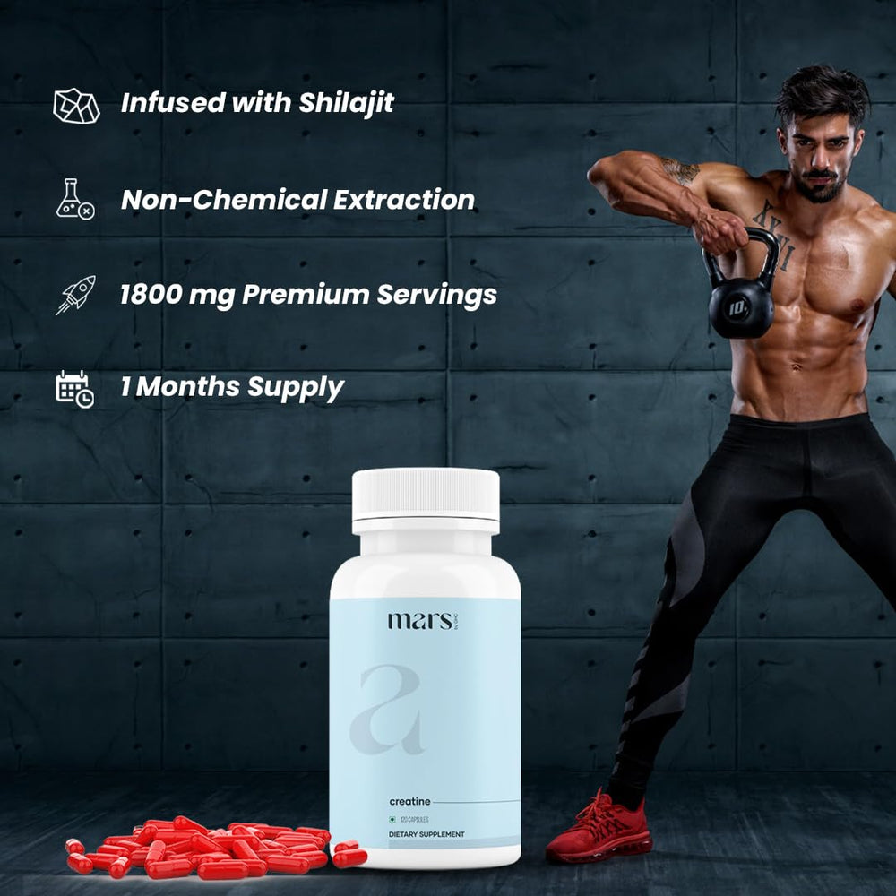 Mars by GHC creatine monohydrate capsules closeup highlights precise micronized formula for athletes.