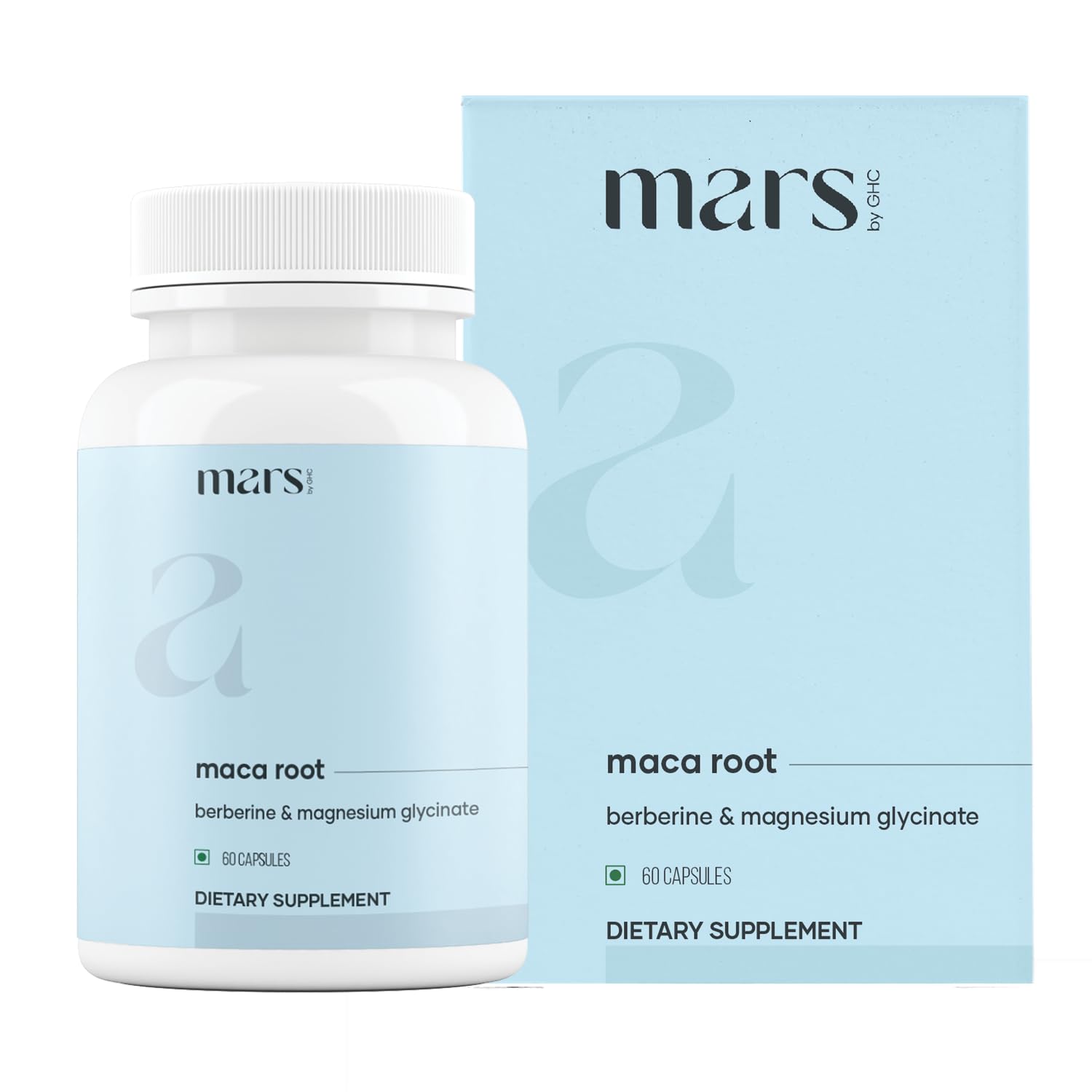 Mars GHC Maca Root Caps bottle side view placed on table