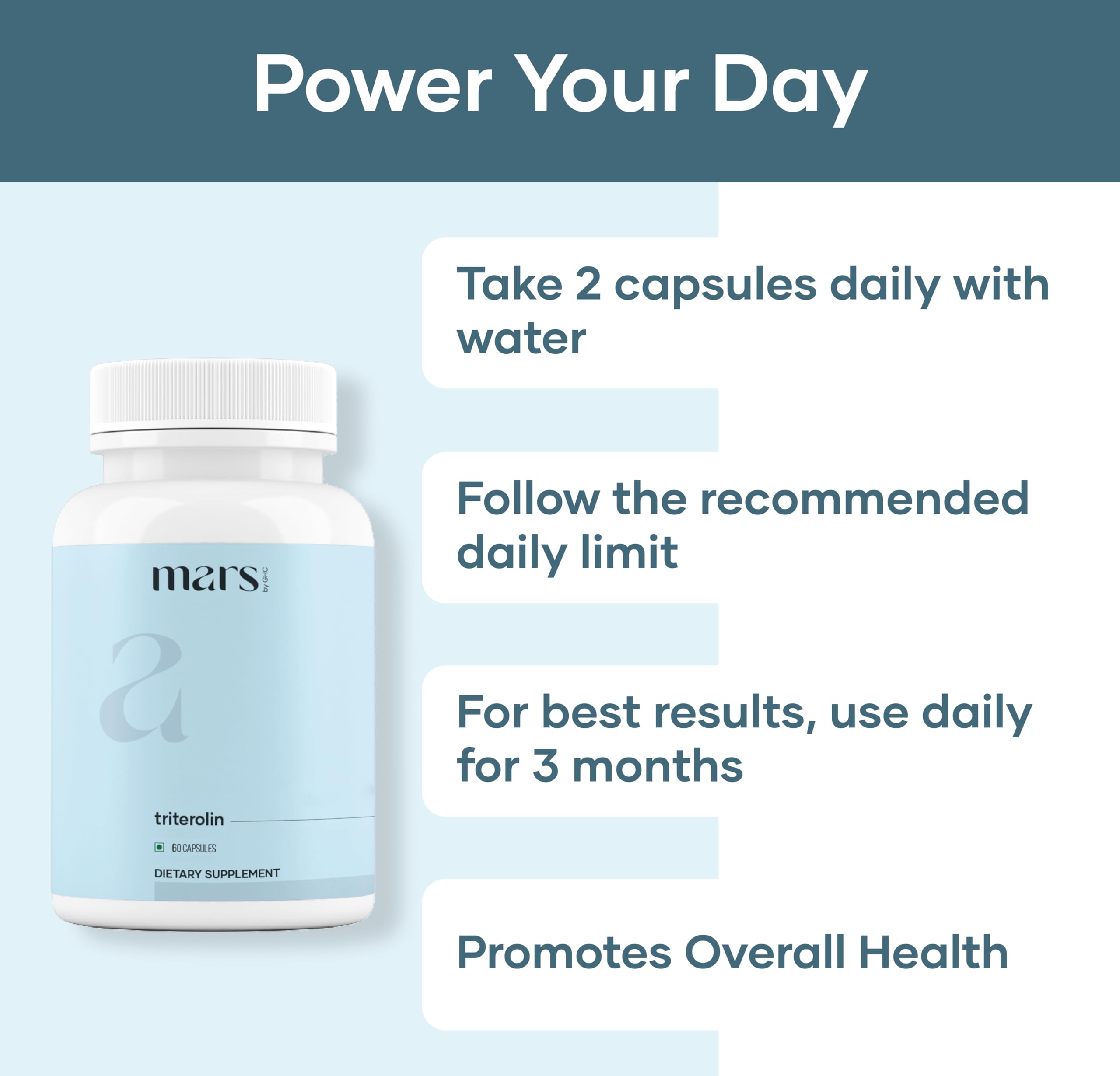 Mars by GHC Triterolin capsules closeup highlighting convenient daily use