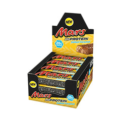 Mars Hi Protein Bar Salted Caramel packshot shows 12-pack convenient snack for busy days.