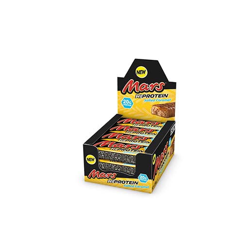 Mars Hi Protein Bar Salted Caramel on shelf, ideal travel snack.