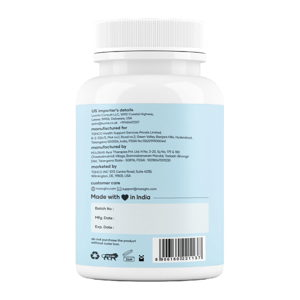 Dosing directions for Mars Sea Moss Caps Surge Natural on packaging.