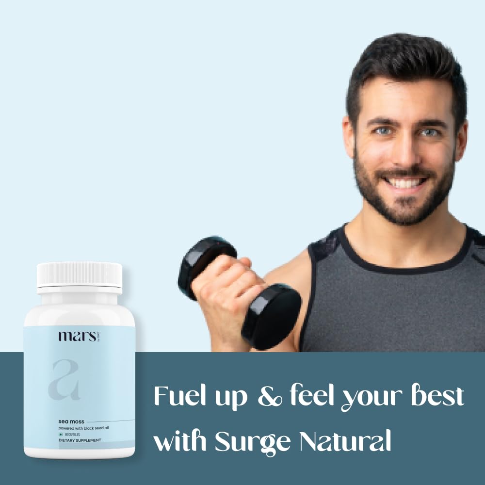 Mars Sea Moss Caps Surge Natural three-bottle pack shown on table.