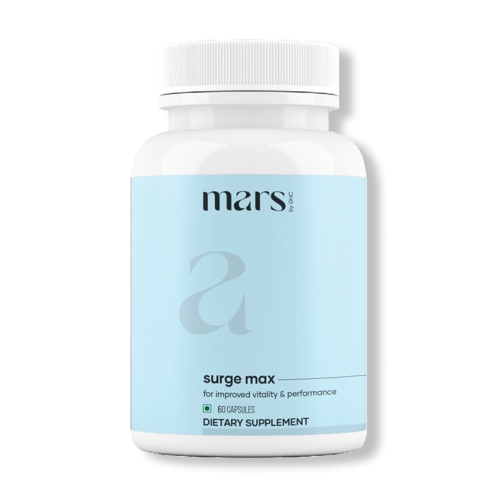 Mars Surgemax bottle shot showing easy-to-swallow capsules for daily vitality.