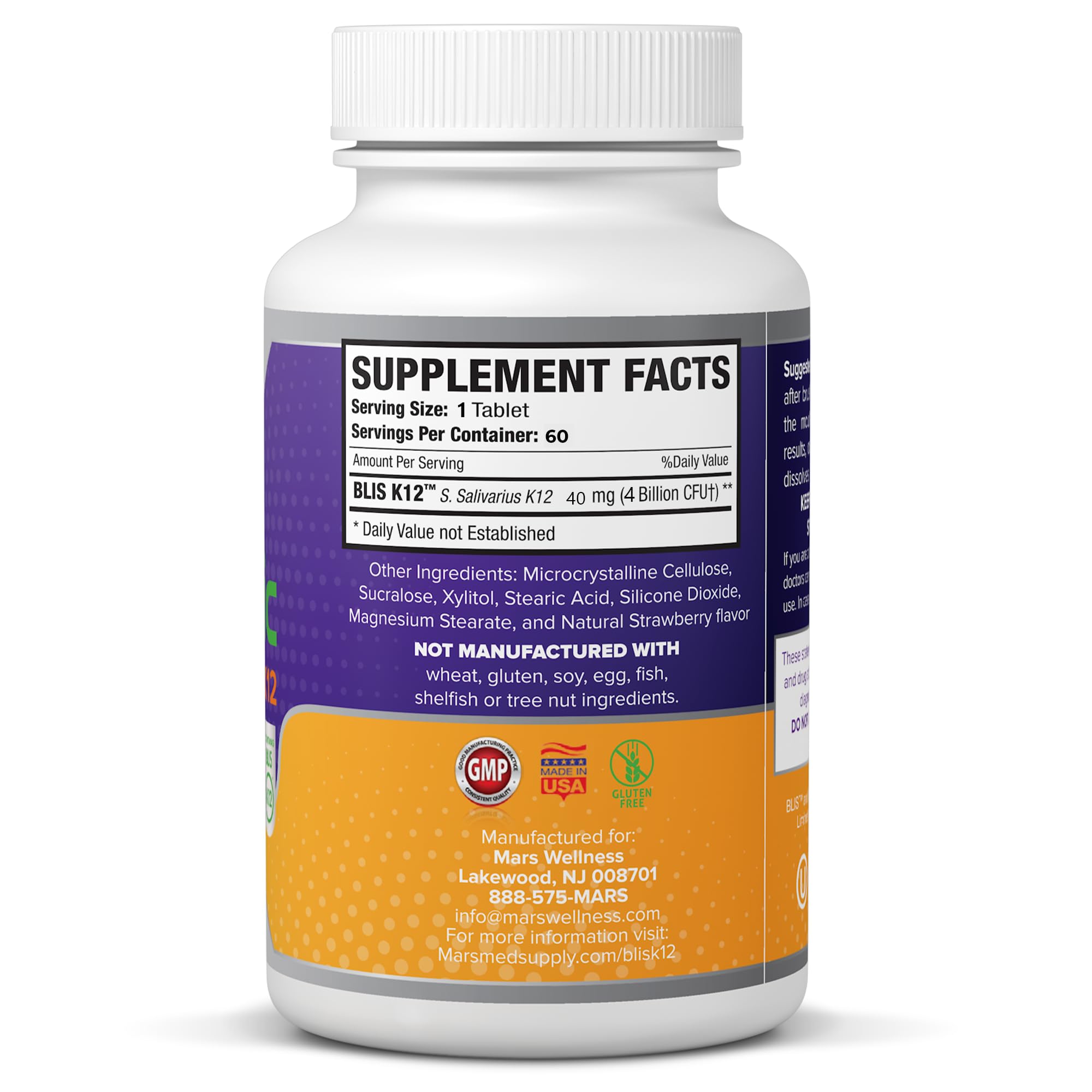 Mars Wellness BLIS K12 4B CFU close-up emphasizes probiotic strength