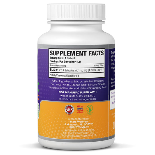 Mars Wellness BLIS K12 4B CFU close-up emphasizes probiotic strength