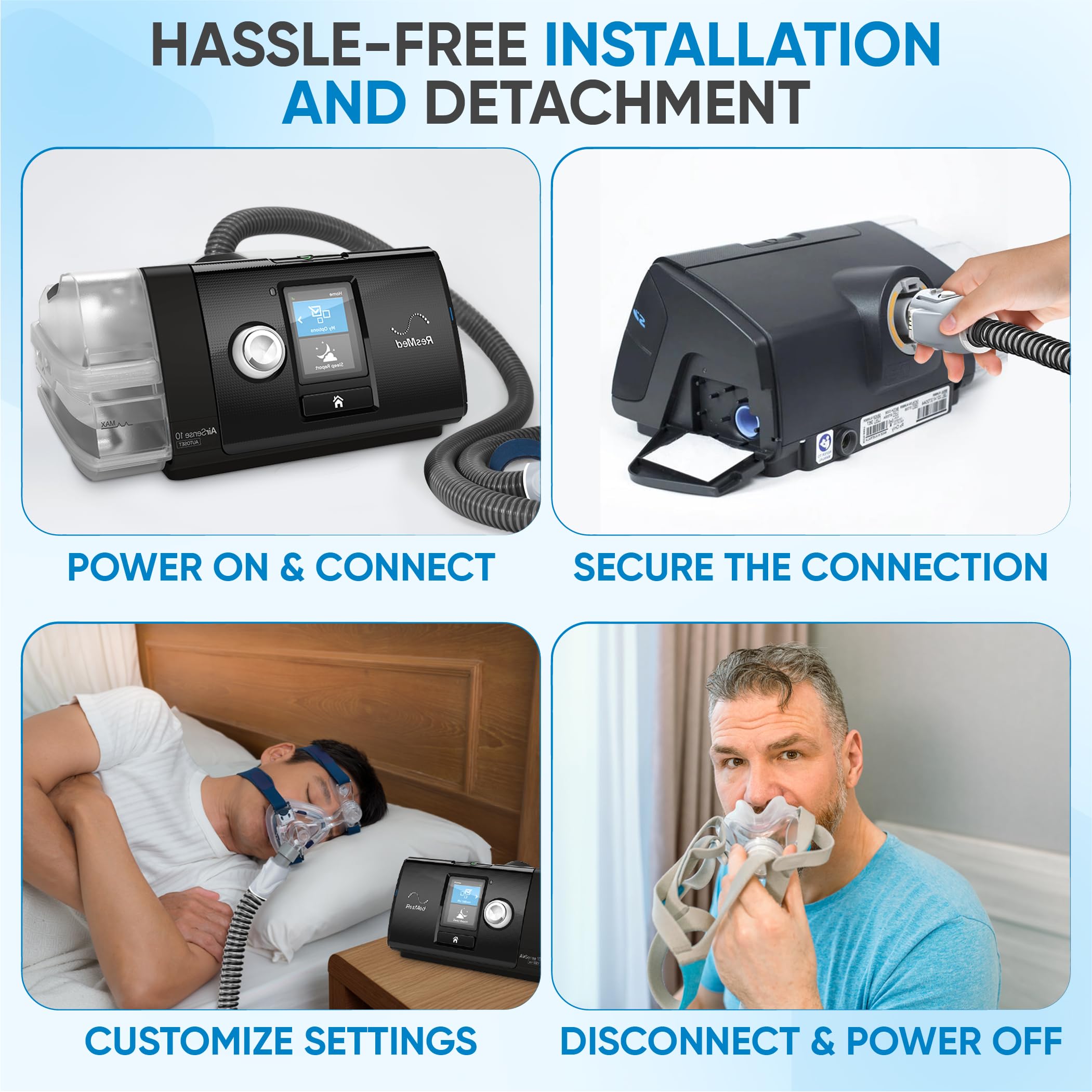 Mars Wellness CPAP heating tube with clip connections enables quick secure setup.