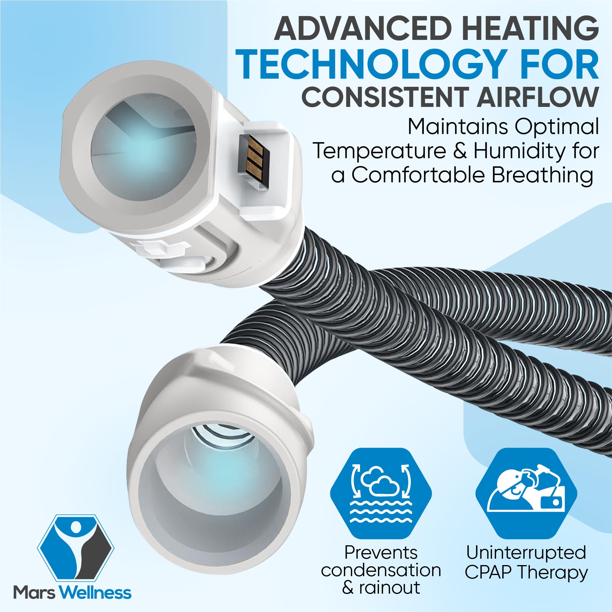 Mars Wellness CPAP heating tube rainout prevention reduces moisture buildup in the hose.