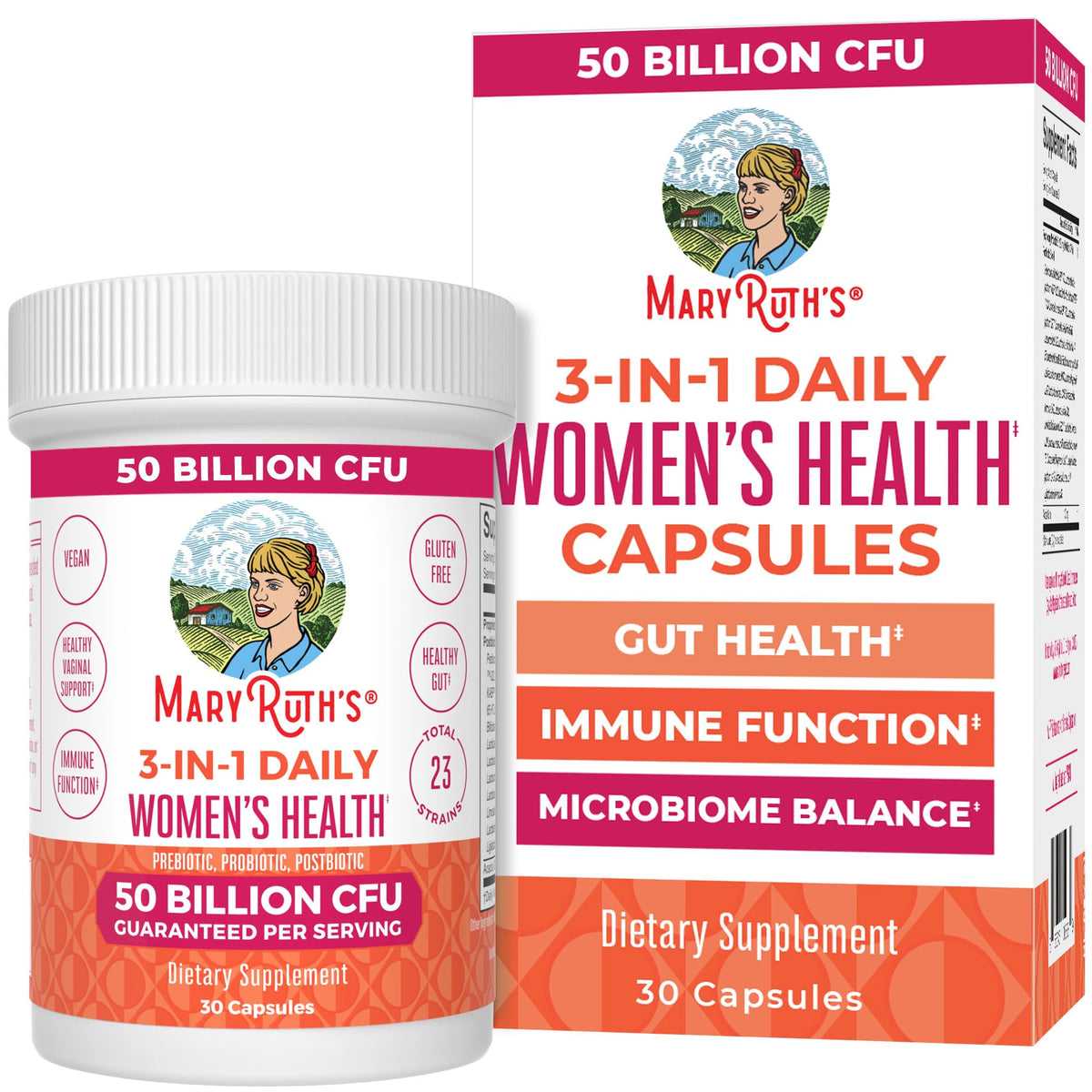 MaryRuth's 3-in-1 daily women's health bottle supports gut health and hormone balance.