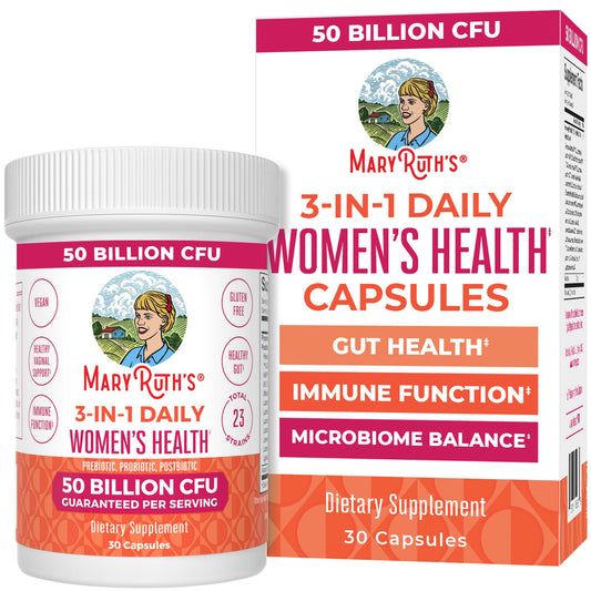 MaryRuth's 3-in-1 daily women's health bottle supports gut health and hormone balance.