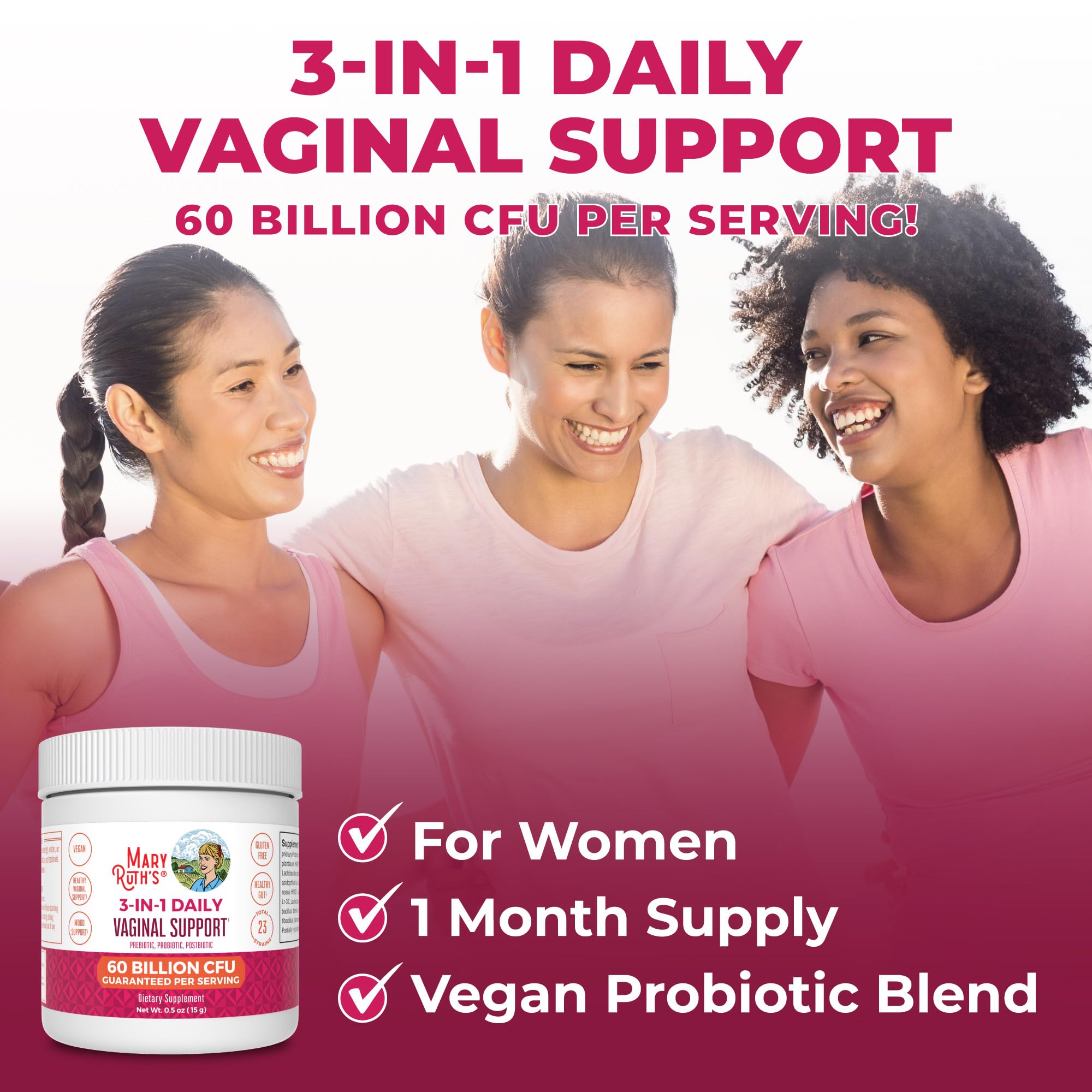 MaryRuth's 3-in-1 Probiotics gmp-certified image underscores safety and quality.