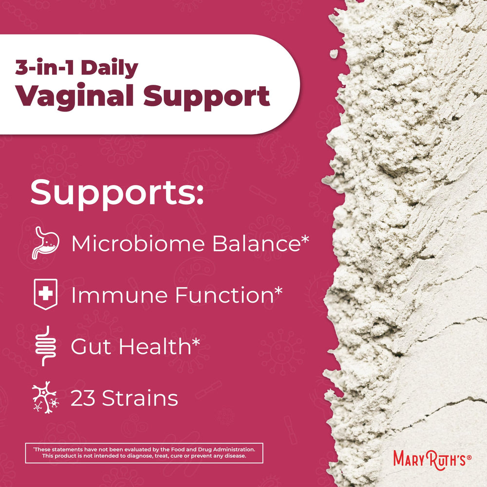 MaryRuth's 3-in-1 Probiotics label-details shows 60B CFU and 23 strains.