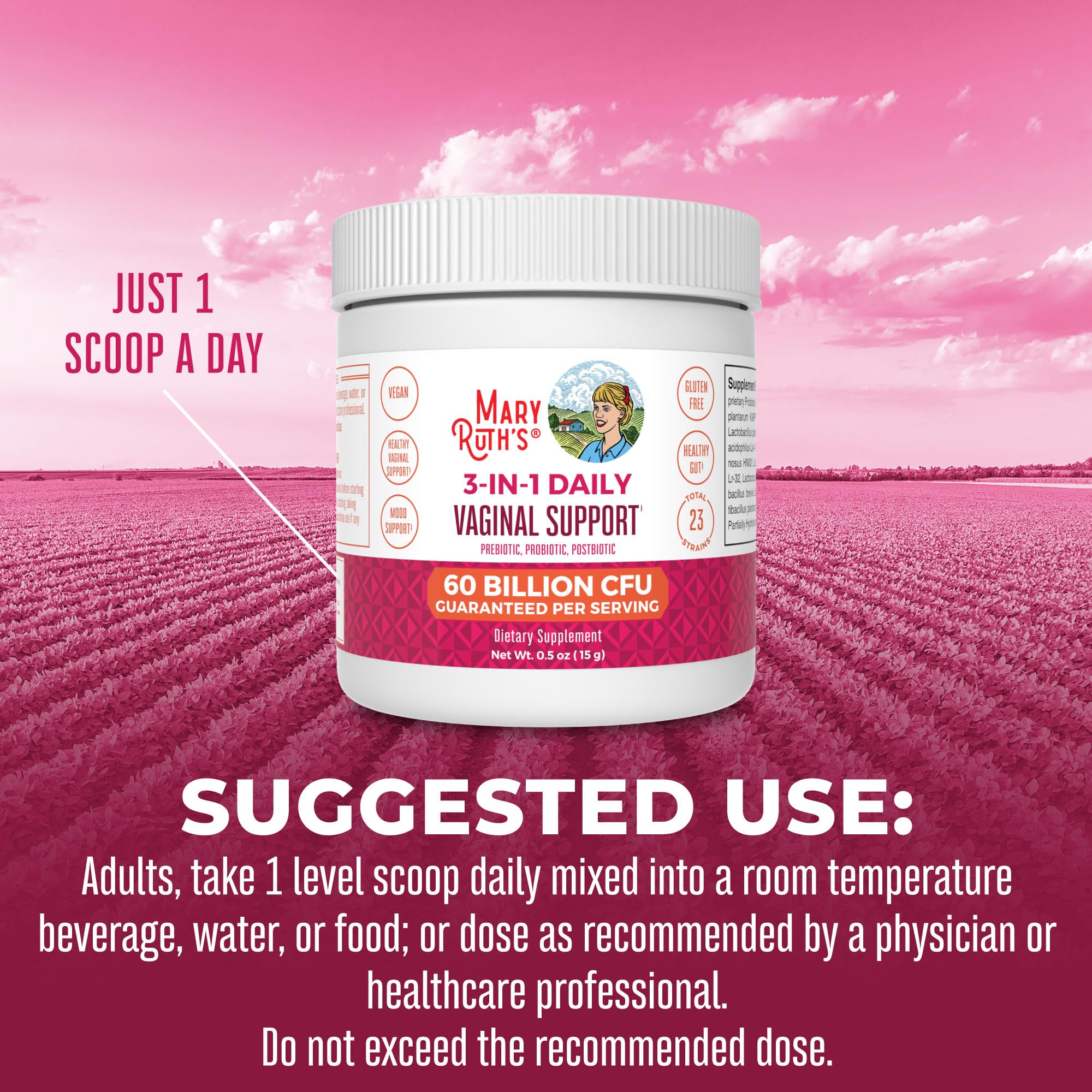 MaryRuth's 3-in-1 Probiotics vegan-formula communicates plant-based gut balance.