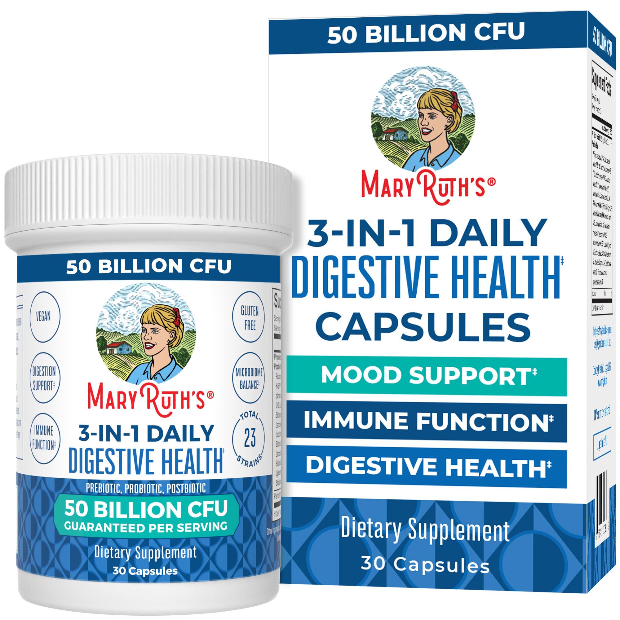 MaryRuth's 3-in-1 probiotics bottle highlighting daily digestive support