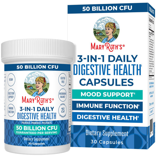 MaryRuth's 3-in-1 probiotics bottle highlighting daily digestive support