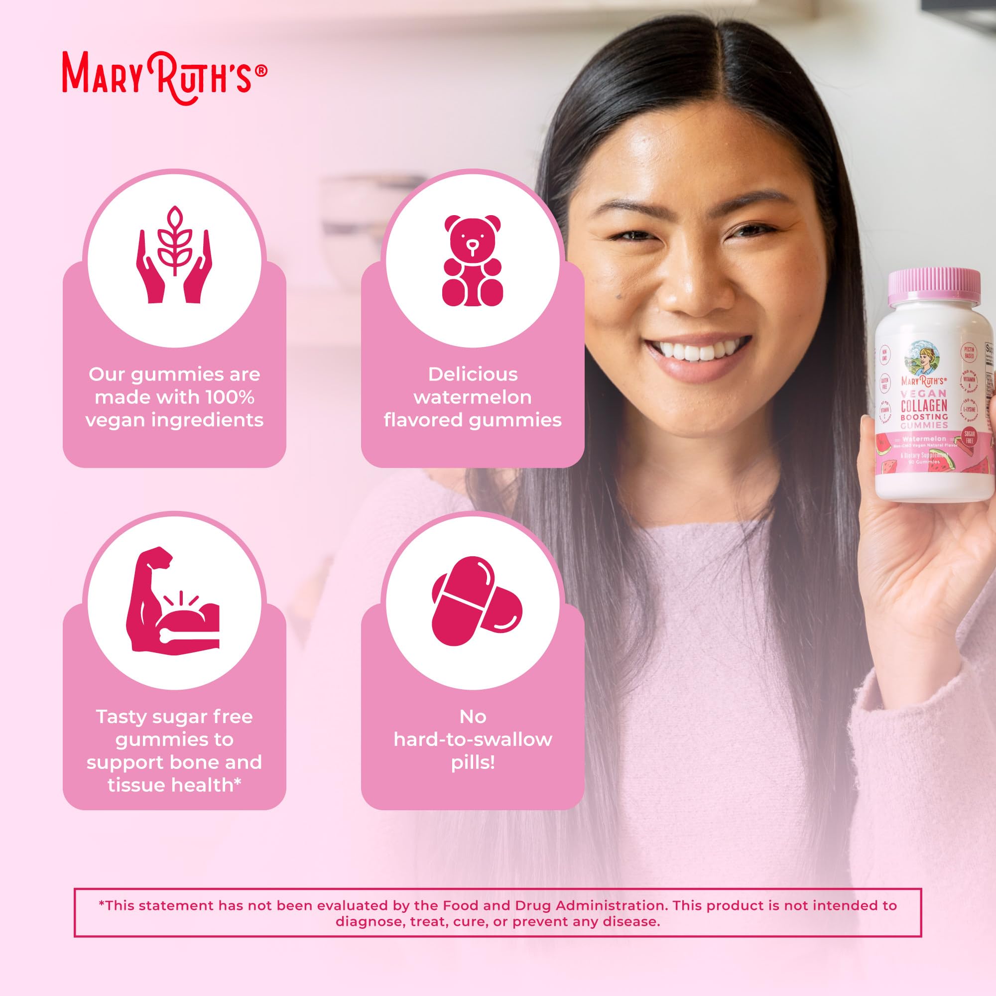 MaryRuth's Collagen Gummies packaging with dairy-free and gluten-free icons.