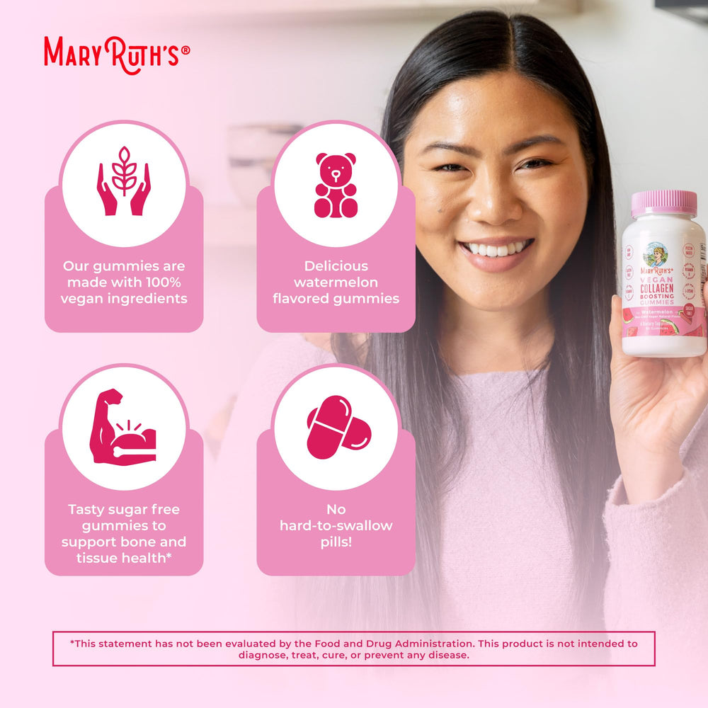 MaryRuth's Collagen Gummies packaging with dairy-free and gluten-free icons.