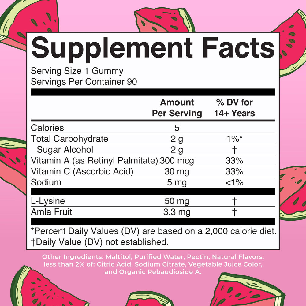 MaryRuth's Collagen Gummies ingredient visuals, highlighting L-lysine, amla, vitamin C, and vitamin A.