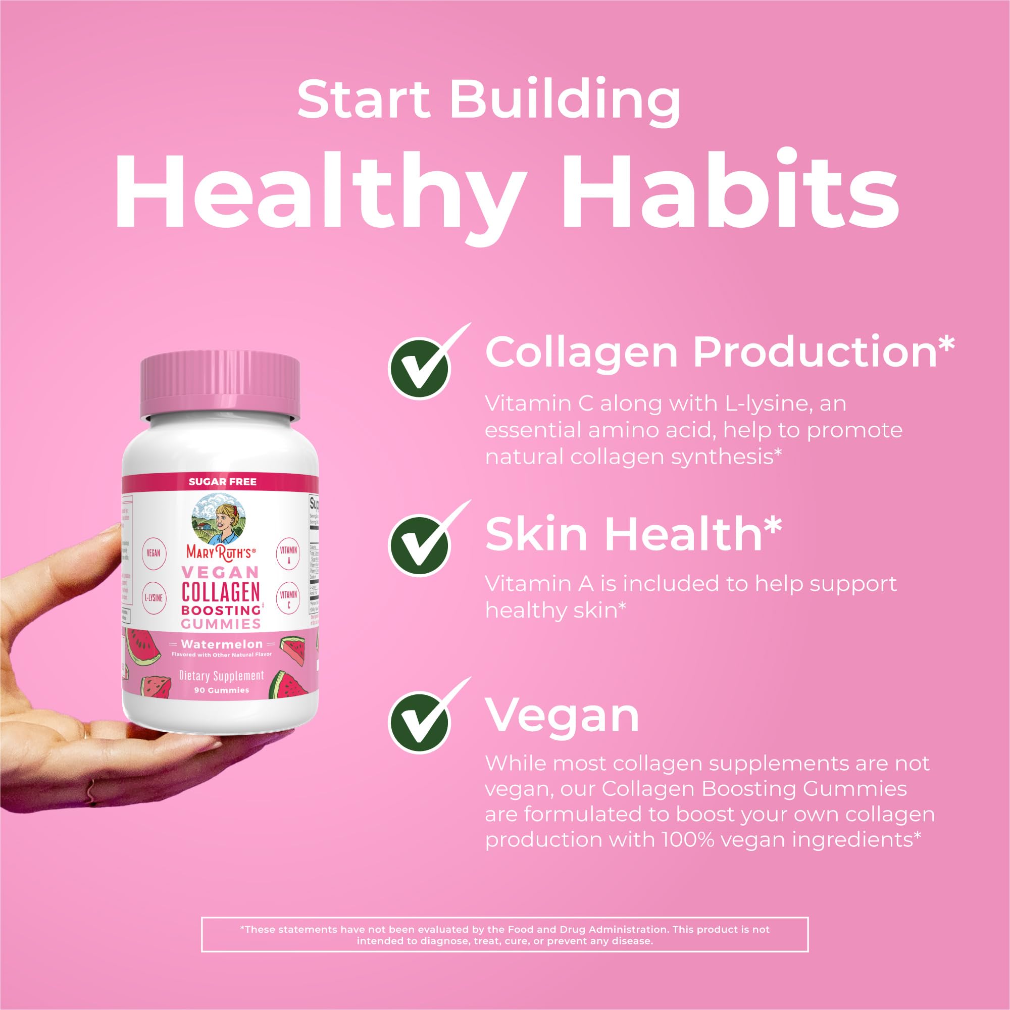 MaryRuth's Collagen Gummies vegan and non-GMO badge, signaling clean label quality.