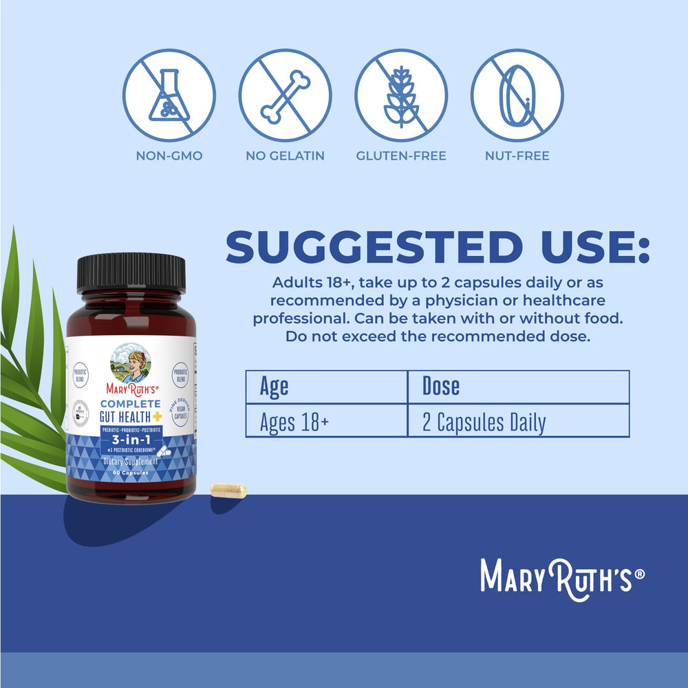 MaryRuth's Complete Gut Health+ label on vegan capsule bottle
