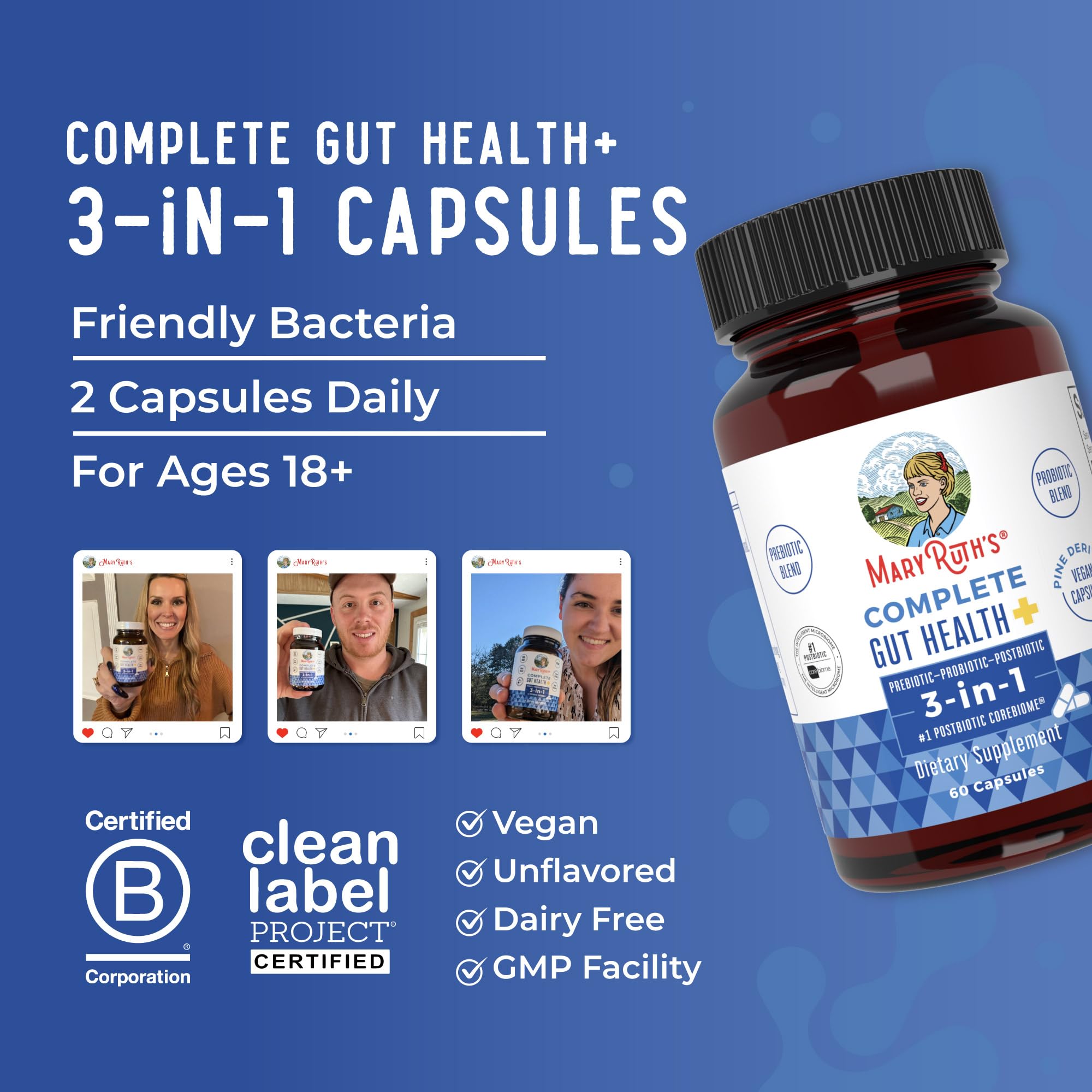 MaryRuth's Complete Gut Health+ packaging emphasizes non-GMO and dairy-free features