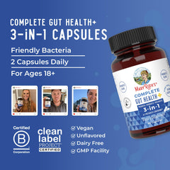 MaryRuth's Complete Gut Health+ packaging emphasizes non-GMO and dairy-free features