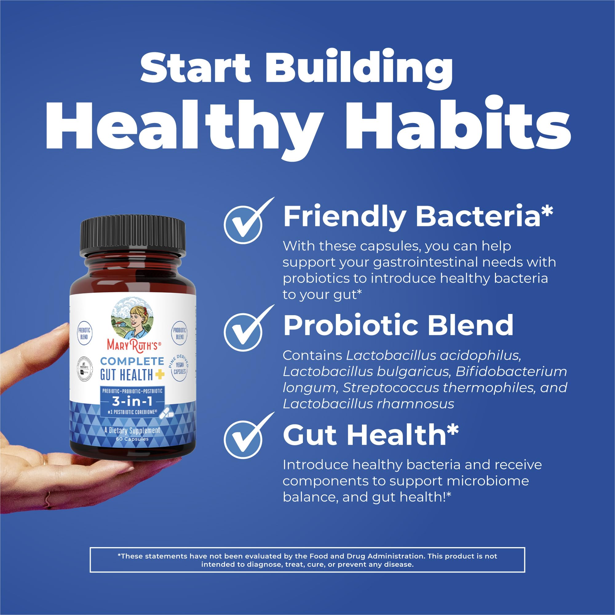 MaryRuth's Complete Gut Health+ vegan capsules in a clean bottle image