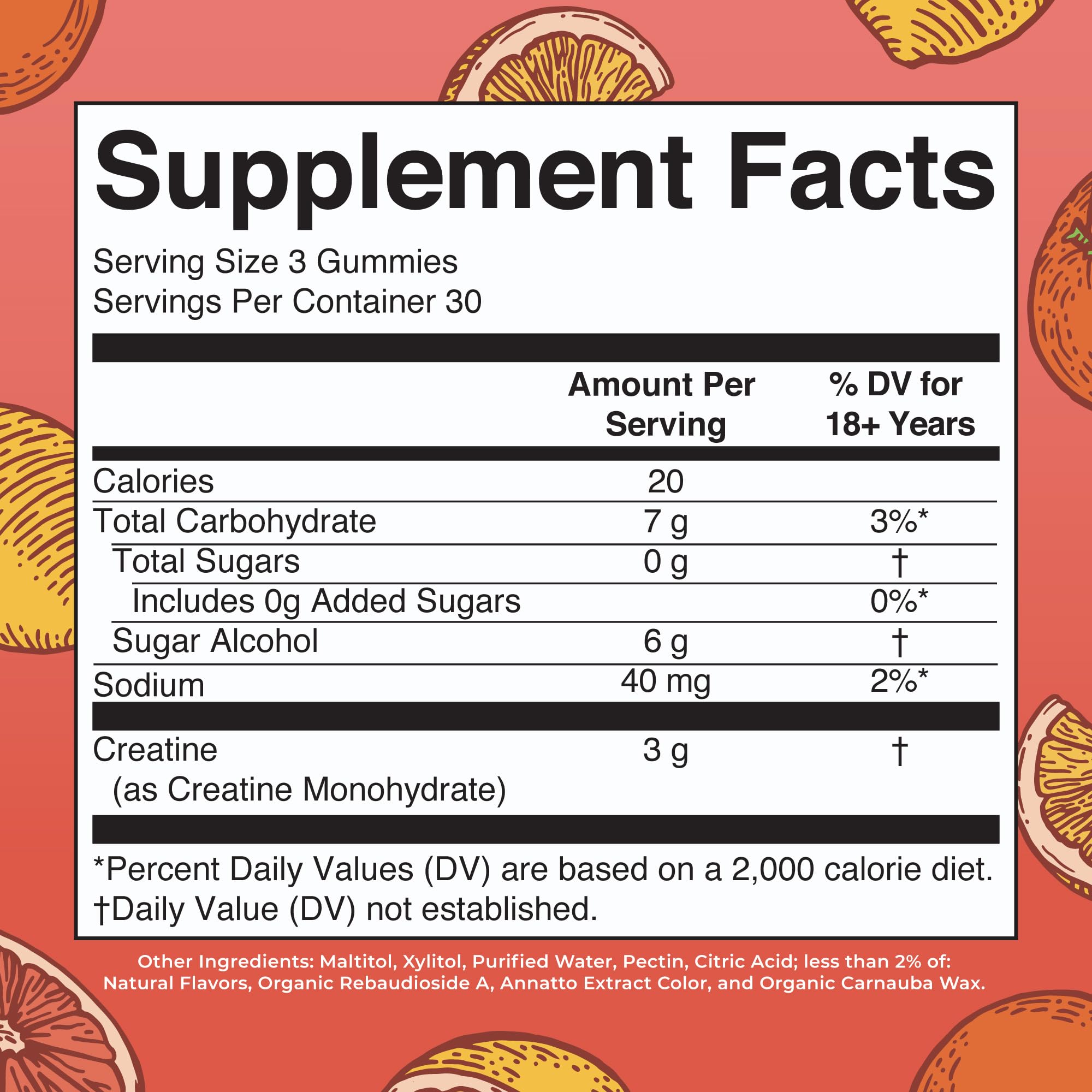 Close-up of creatine gummies showing texture and 3 g per serving.
