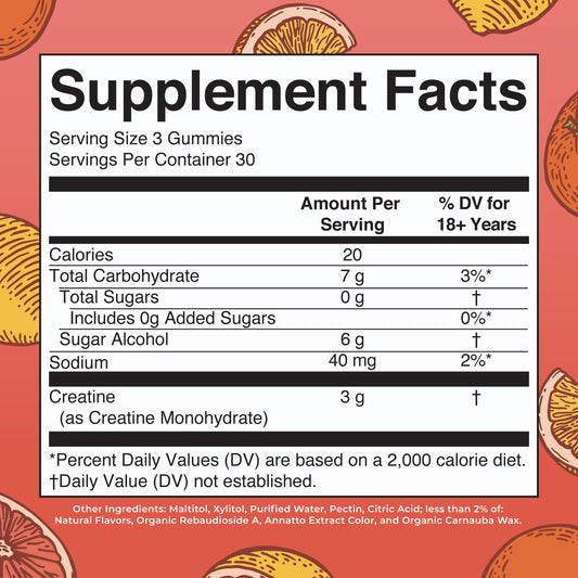 Close-up of creatine gummies showing texture and 3 g per serving.