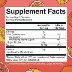 Close-up of creatine gummies showing texture and 3 g per serving.