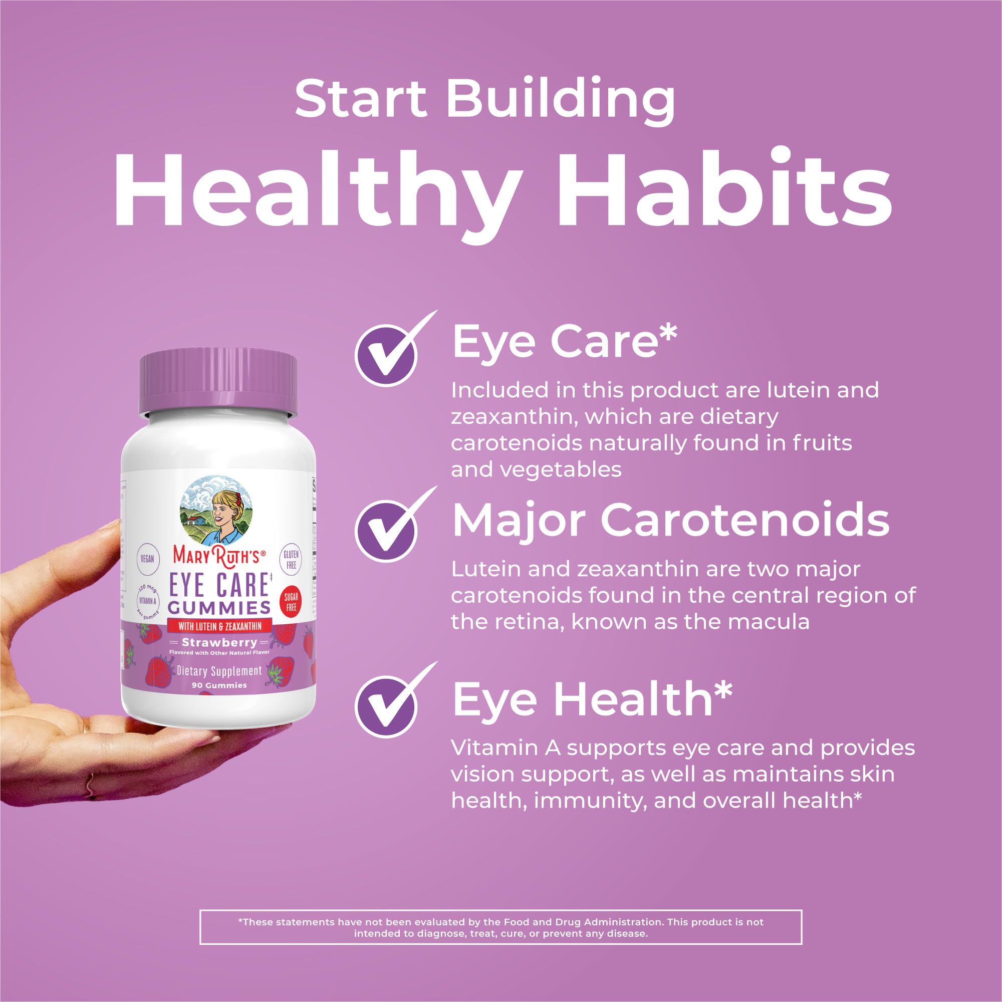 MaryRuth's Eye Care Gummies label vegan and non-GMO eye health support