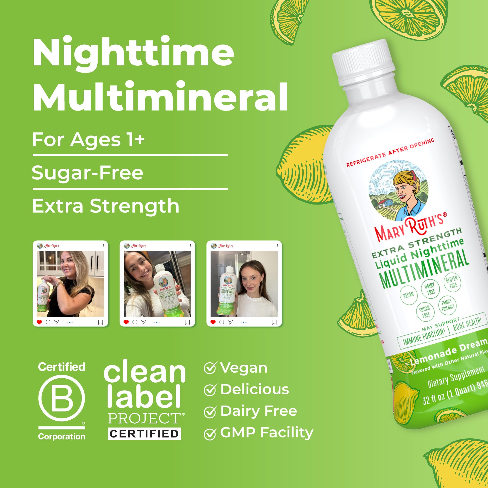 Family-friendly scene showing flexible dosing with MaryRuth's Nighttime Multimineral