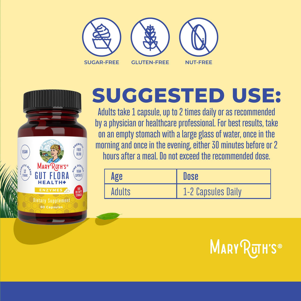 MaryRuth's Gut Flora Health+ Enzymes label shot highlights blend of prebiotics and probiotics