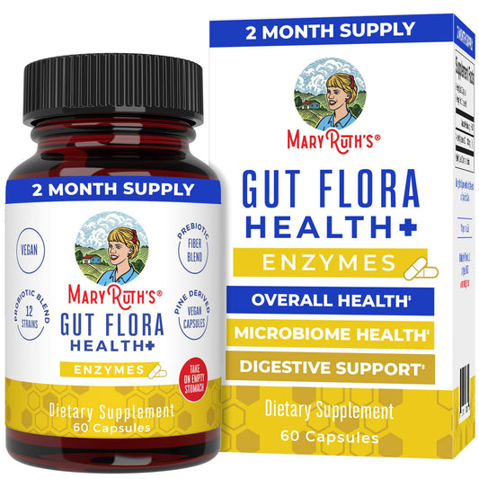 MaryRuth's Gut Flora Health+ Enzymes bottle on a kitchen counter for easy daily use