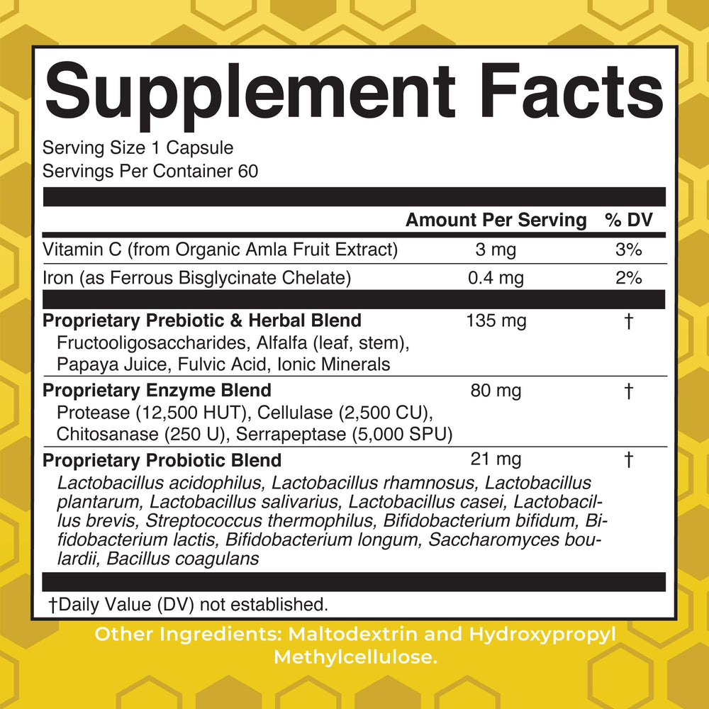 MaryRuth's Gut Flora Health+ Enzymes capsules close-up showing vegan, pine-based coating