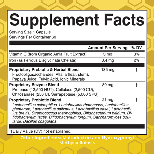 MaryRuth's Gut Flora Health+ Enzymes capsules close-up showing vegan, pine-based coating