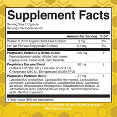 MaryRuth's Gut Flora Health+ Enzymes capsules close-up showing vegan, pine-based coating