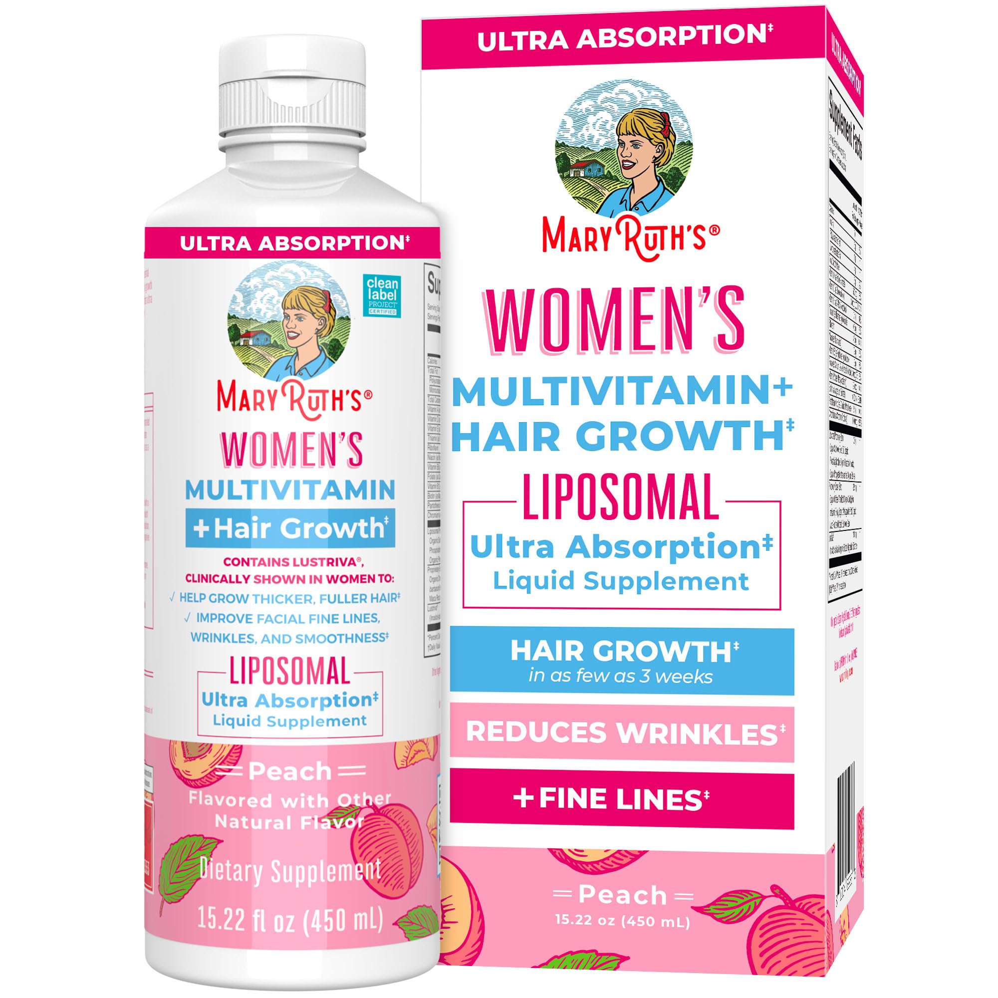 MaryRuth's hair-growth multivitamin bottle supports hair thickness and daily wellness.