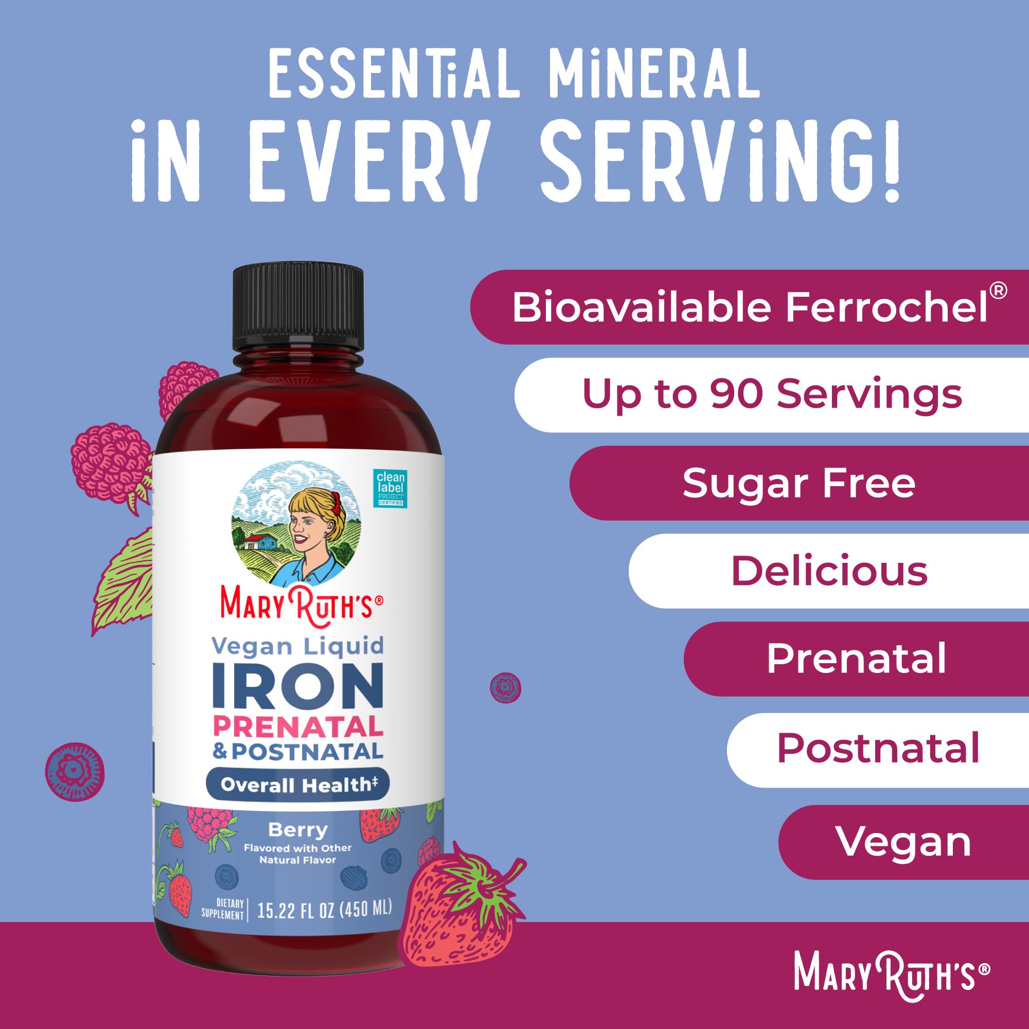 MaryRuth's sugar-free berry iron liquid beside a glass for easy use.