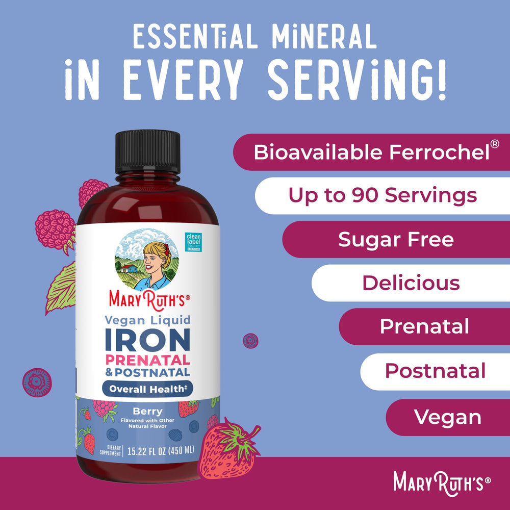 MaryRuth's sugar-free berry iron liquid beside a glass for easy use.