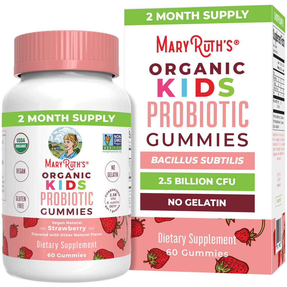 MaryRuth's Kids Probiotics Gummies bottle front, strawberry flavor for easy daily gut support.
