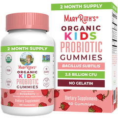 MaryRuth's Kids Probiotics Gummies bottle front, strawberry flavor for easy daily gut support.