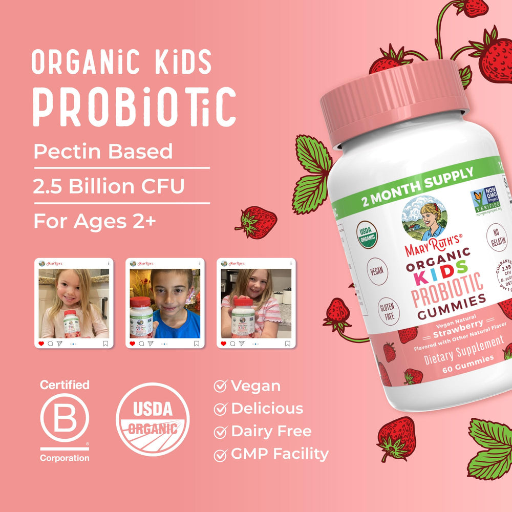 MaryRuth's Kids Probiotics Gummies gluten-free icon on packaging.