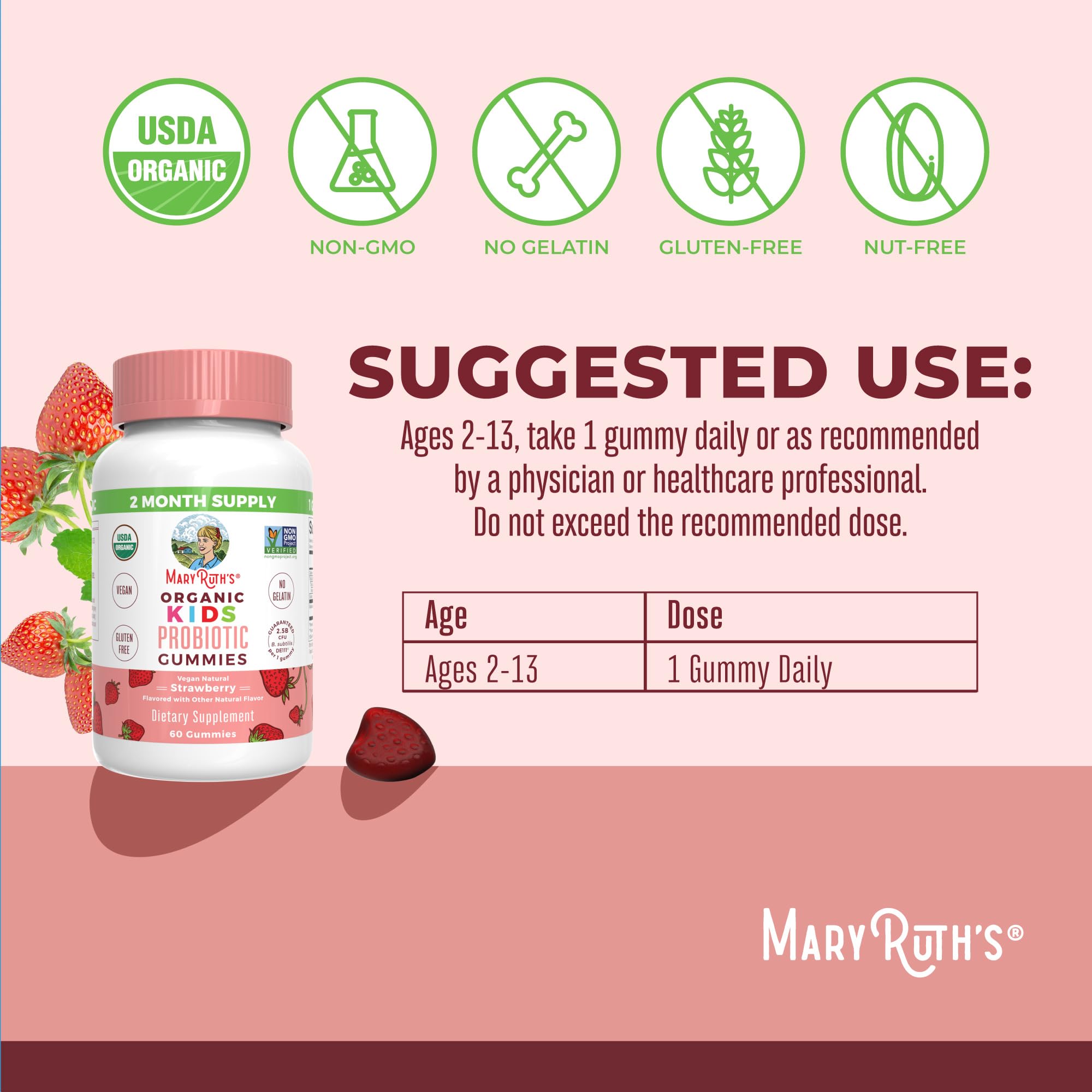 MaryRuth's Kids Probiotics Gummies packaging back shows organic and vegan certifications.